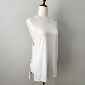 Athleta White Tank With Cream Mesh Trim & Side Slit, Size Small